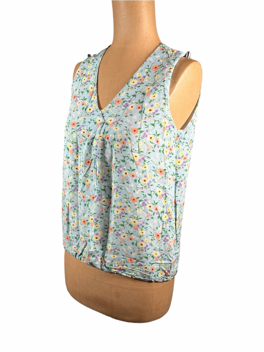 RESERVED Mint Floral Sleeveless Blouse with Cinched Hem